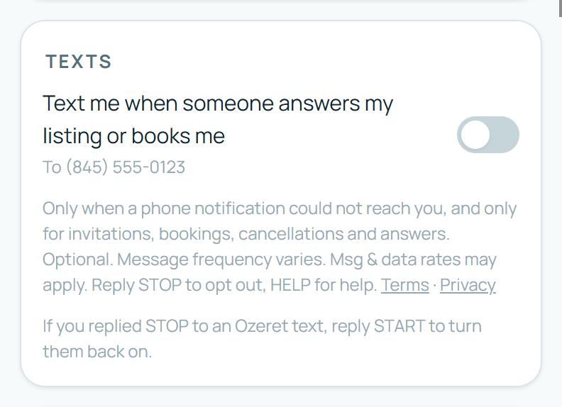 The Texts switch in Settings, off: Text me when someone answers my listing or books me, to your number, with the same small print.
